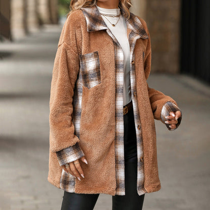 Womens Winter Coat - Plush Checkered Design for Cozy Comfort