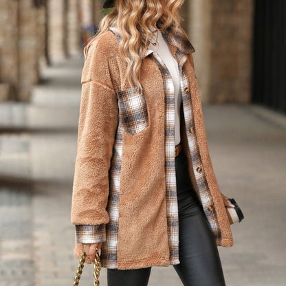 Womens Winter Coat - Plush Checkered Design for Cozy Comfort