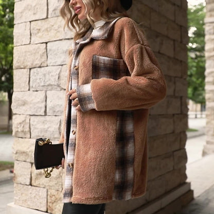 Womens Winter Coat - Plush Checkered Design for Cozy Comfort