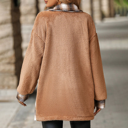 Womens Winter Coat - Plush Checkered Design for Cozy Comfort