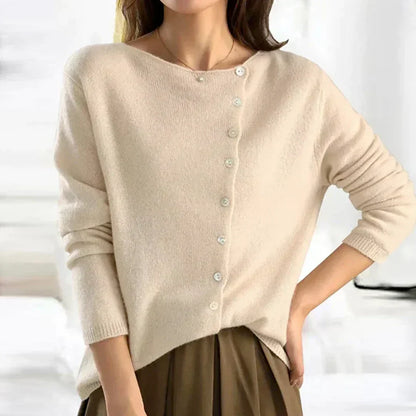 Cozy Long Cardigan - Soft Knit Fabric with Asymmetric Button Design