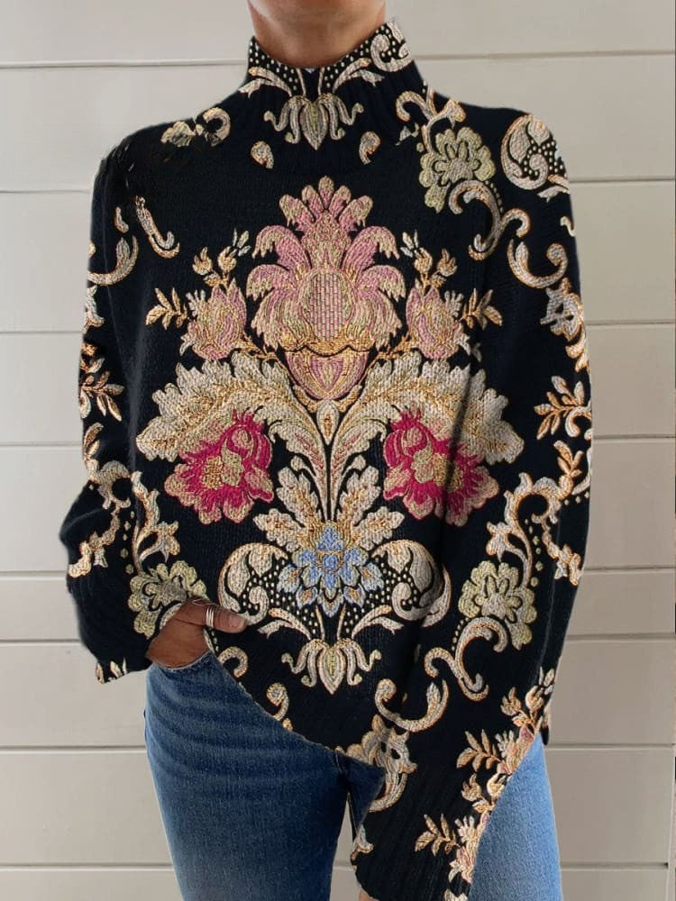 Women's Sweater - Cozy Vintage Floral Knit Turtleneck Design