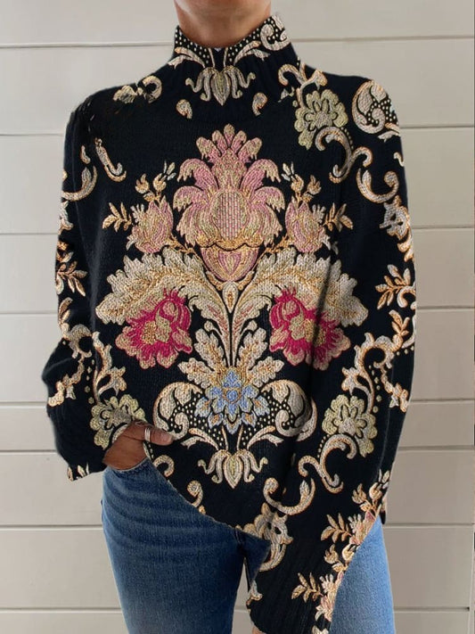 Women's Sweater - Cozy Vintage Floral Knit Turtleneck Design