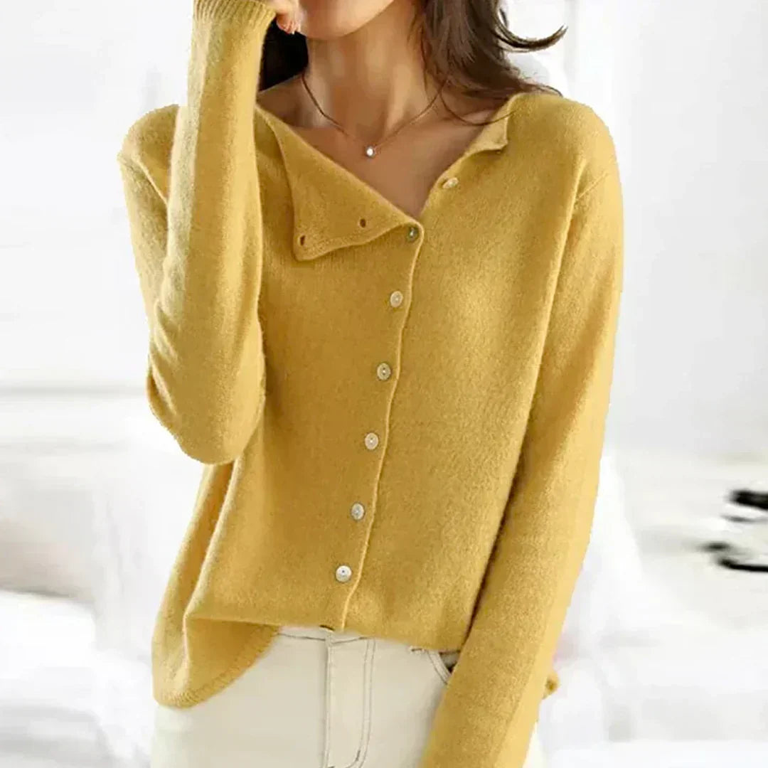 Cozy Long Cardigan - Soft Knit Fabric with Asymmetric Button Design